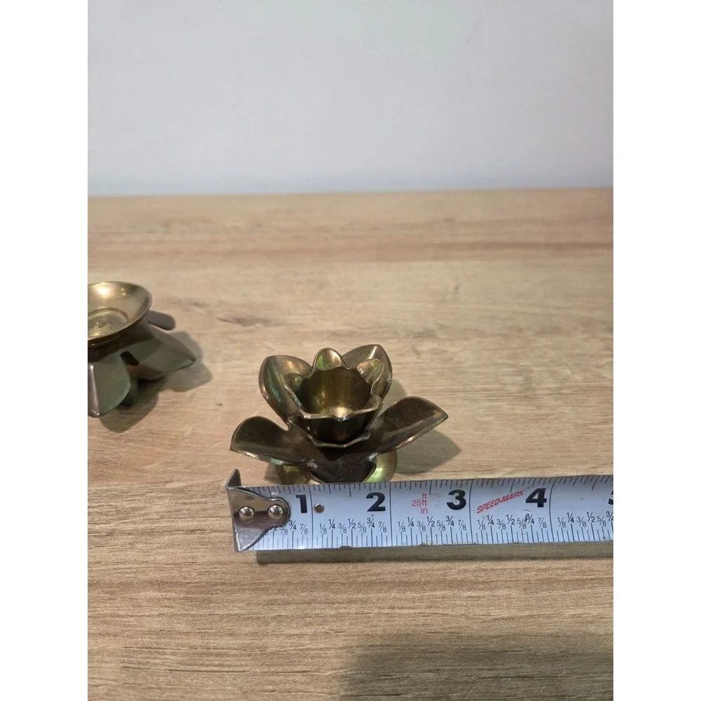 Vintage Solid Brass Flower Lotus Water Lily Candlestick Holders Set of 2
